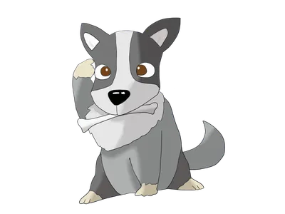 骨をくわえて前足をあげる犬