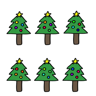 オーナメントを飾ったクリスマスツリー6本