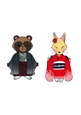 七五三のたぬきとキツネ（袴と振袖）