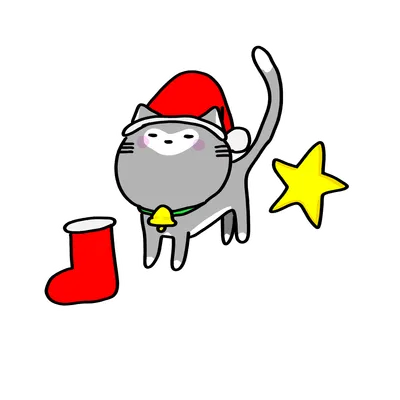 サンタ帽のグレー猫とクリスマスブーツ