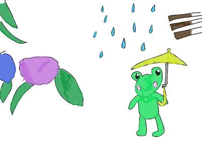 梅雨のカエルと花